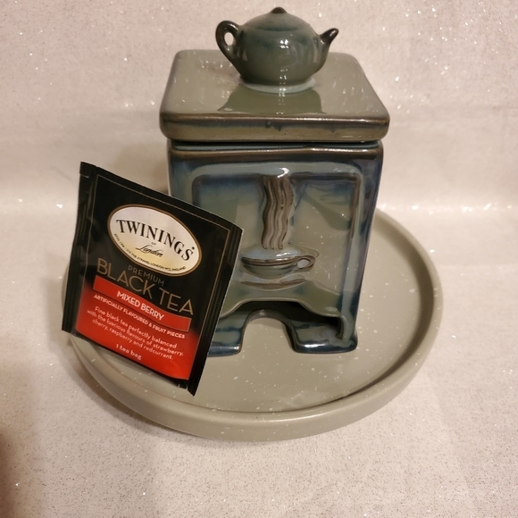 VINTAGE Ceramic Teabag Caddy Dispenser With Teapot On Lid Green / Blue - Picture 5 of 5